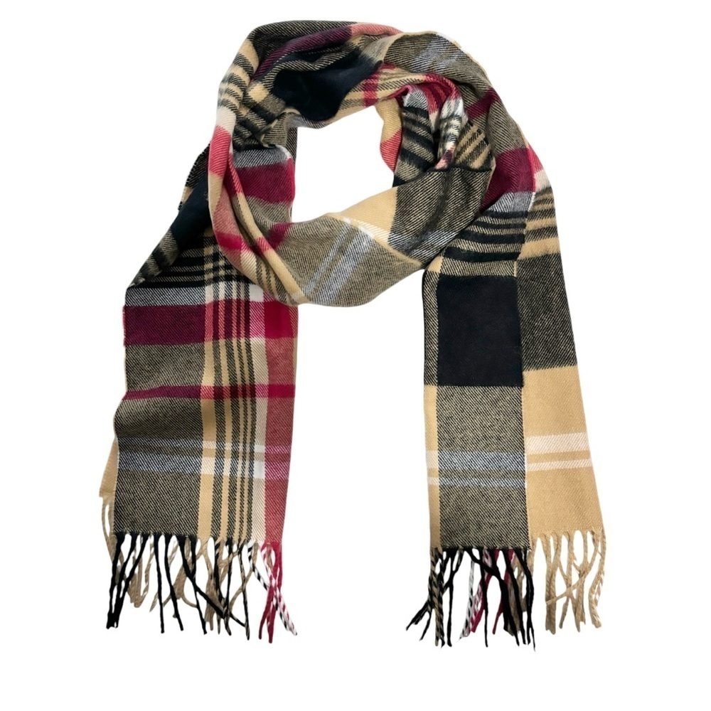 Women’s Better Than Cashmere red tan black plaid fringe scarf